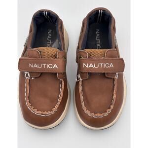Nautica Boys Size 7 Brown Boat Shoes‎ Adjustable Faux Leather Casual